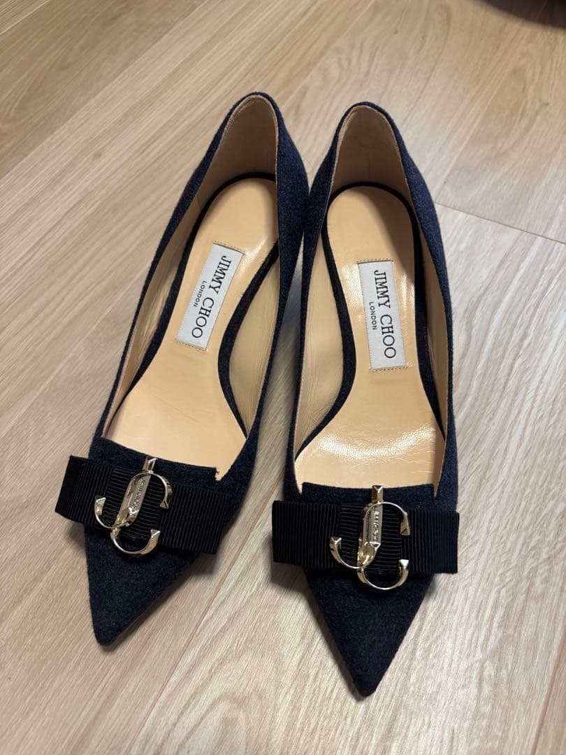Jimmy Choo 紺色（ネイビー）ハイヒール　36 1/2 24cm相当JC JIMMY CHOO（ジミーチュウ） ネイビー ベージュ 低い ロー ヒール 正規