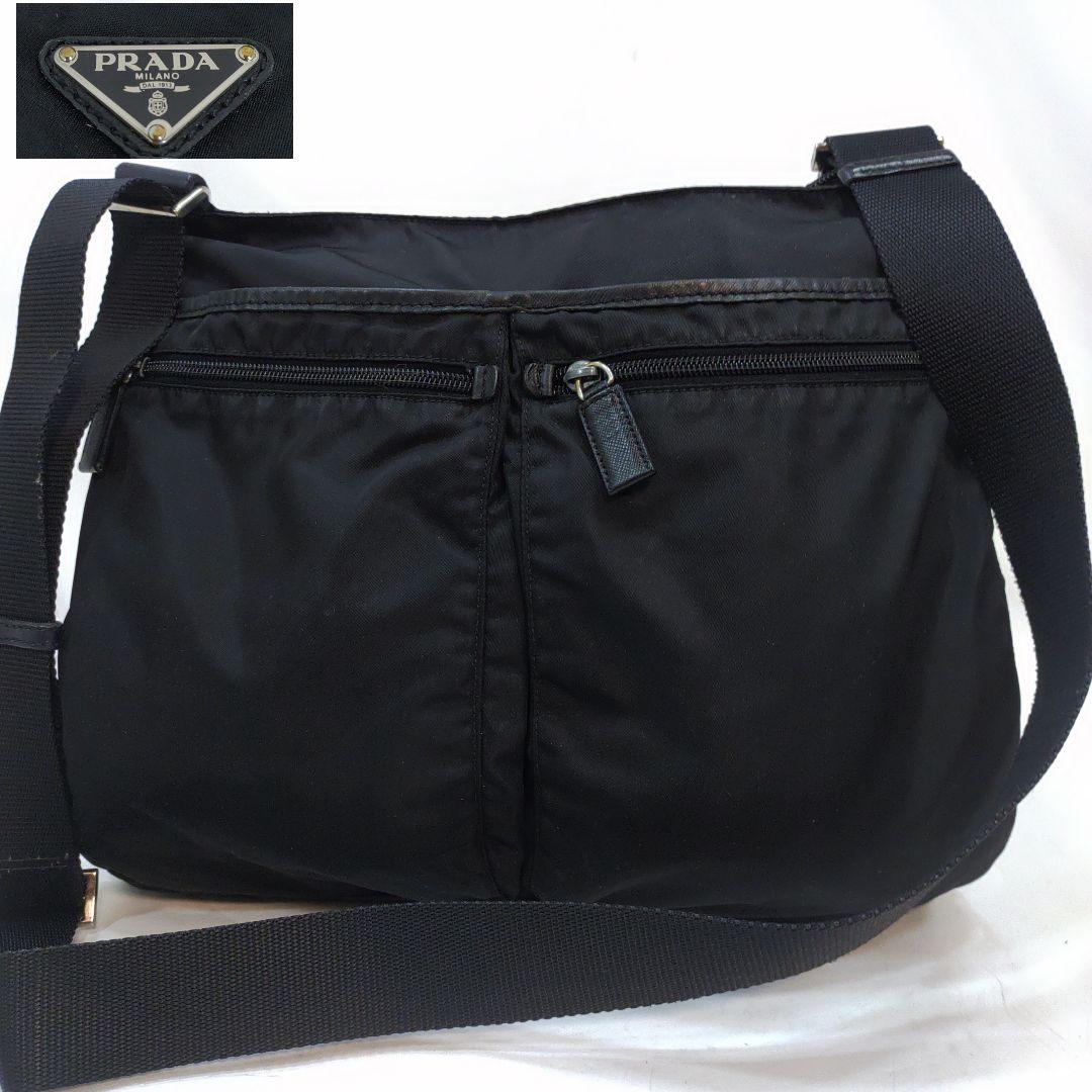 プラダ メッセンジャーバッグ レザー×ナイロン A4可 三角ロゴ ブラック 美品】プラダ メッセンジャーバッグ レザー×ナイロン A4可 三角ロゴ 黒
