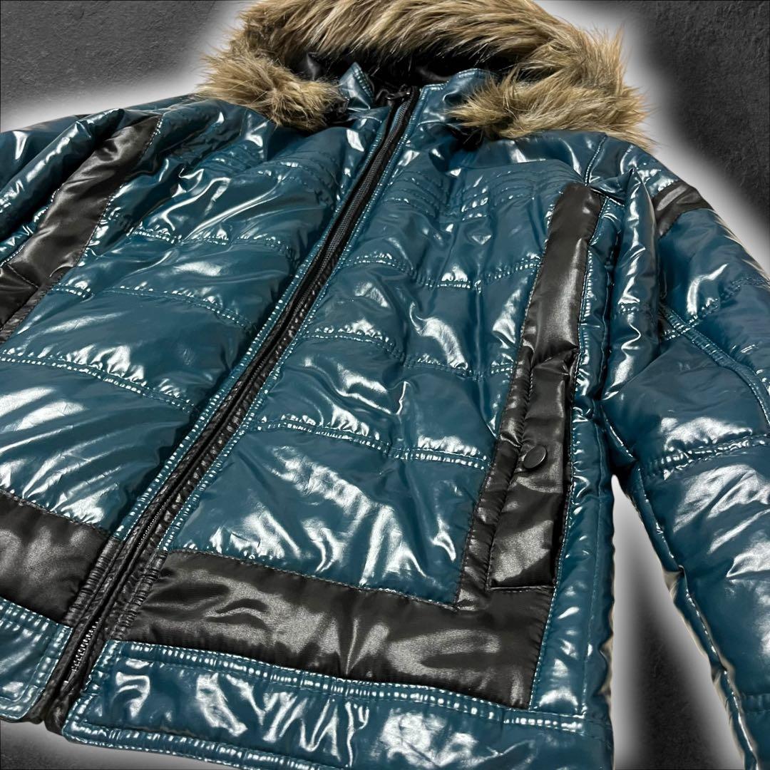 00s y2k ファーダウンジャケット 平成 お兄系 光沢 タイト 青緑 短丈