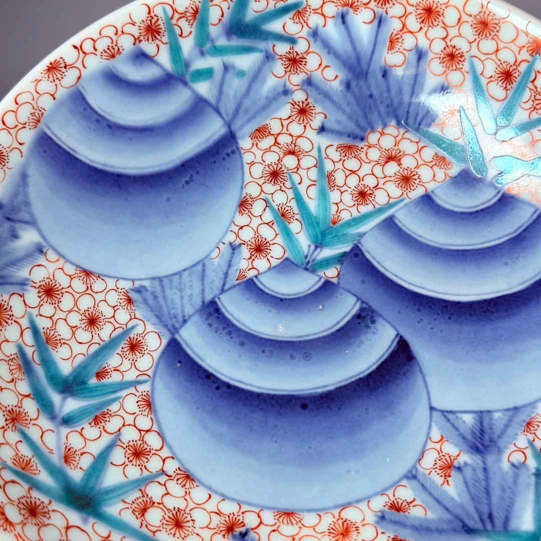 後期鍋島 献上品 色絵宝珠文高台皿 櫛文様高台 共箱 赤絵 桜文様