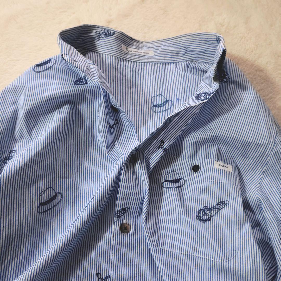 美品 papas 刺繍 総柄 ストライプシャツ M 長袖 美品 papas 刺繍 総柄
