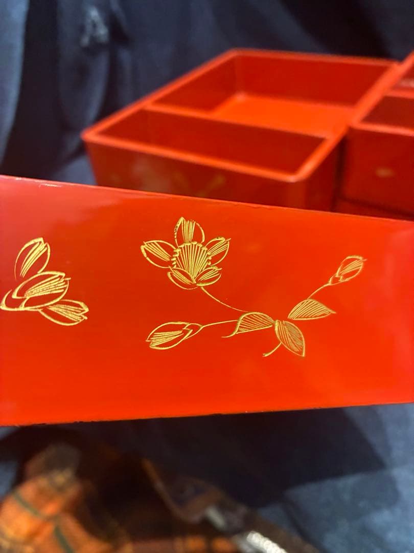 野弁当 漆器 朱塗り 沈金 桜 五段弁当 5人分 傷み無し 雛