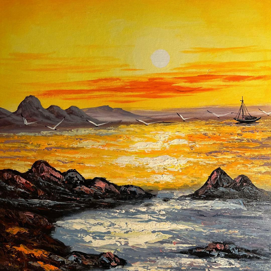 手書き油絵 sun rise 日の出 額付き インテリア 油彩画 S1153