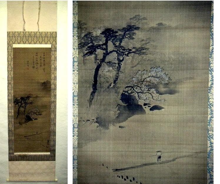 ♥掛軸　【模写】　山水画　【 竹内 栖鳳 】 掛け軸　桐箱付き　骨董品 竹内栖鳳 水墨山水｜古美術・掛け軸の販売・買取・鑑定-松本松栄堂