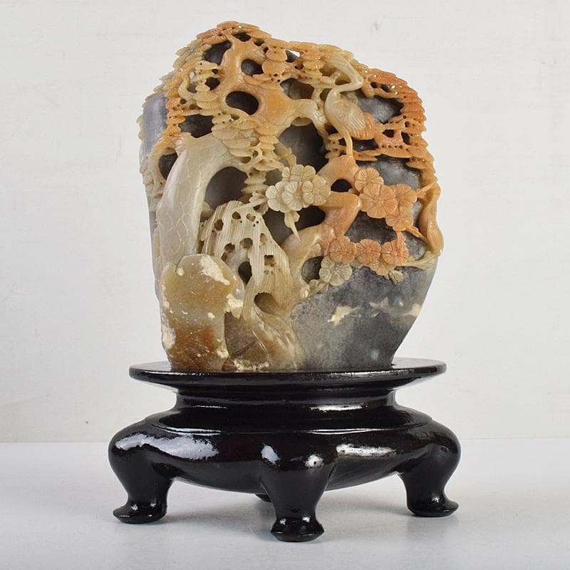 中国 玉石寿山石彫刻 鶴松刻 置物 唐木台付 V R9120 - メルカリ