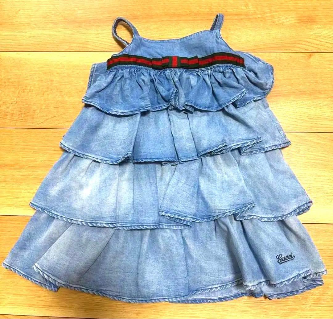 最終値下げgucci kids フリル　ティアード　デニム　ドレス 24m グッチ ガールズ コレクション おすすめ