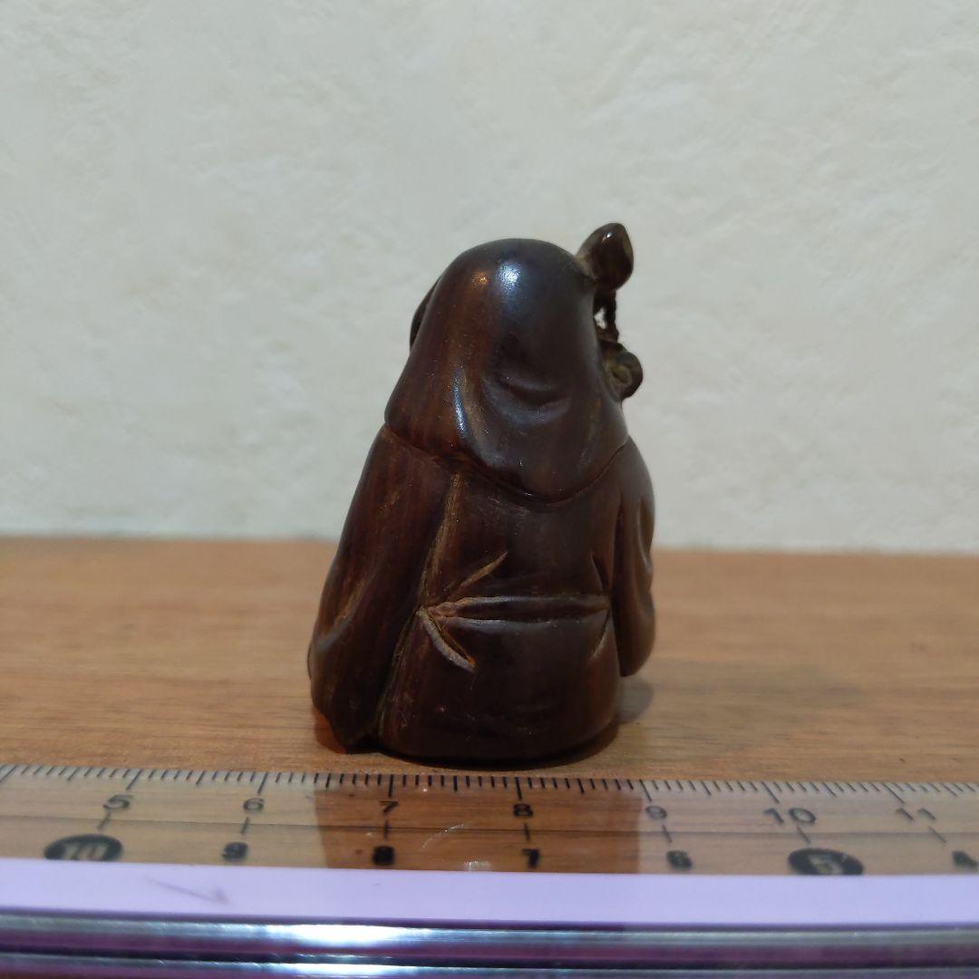 時代提物 縁起物根付 木彫り×天然素材 【寿老人】高さ約4.8cm 重