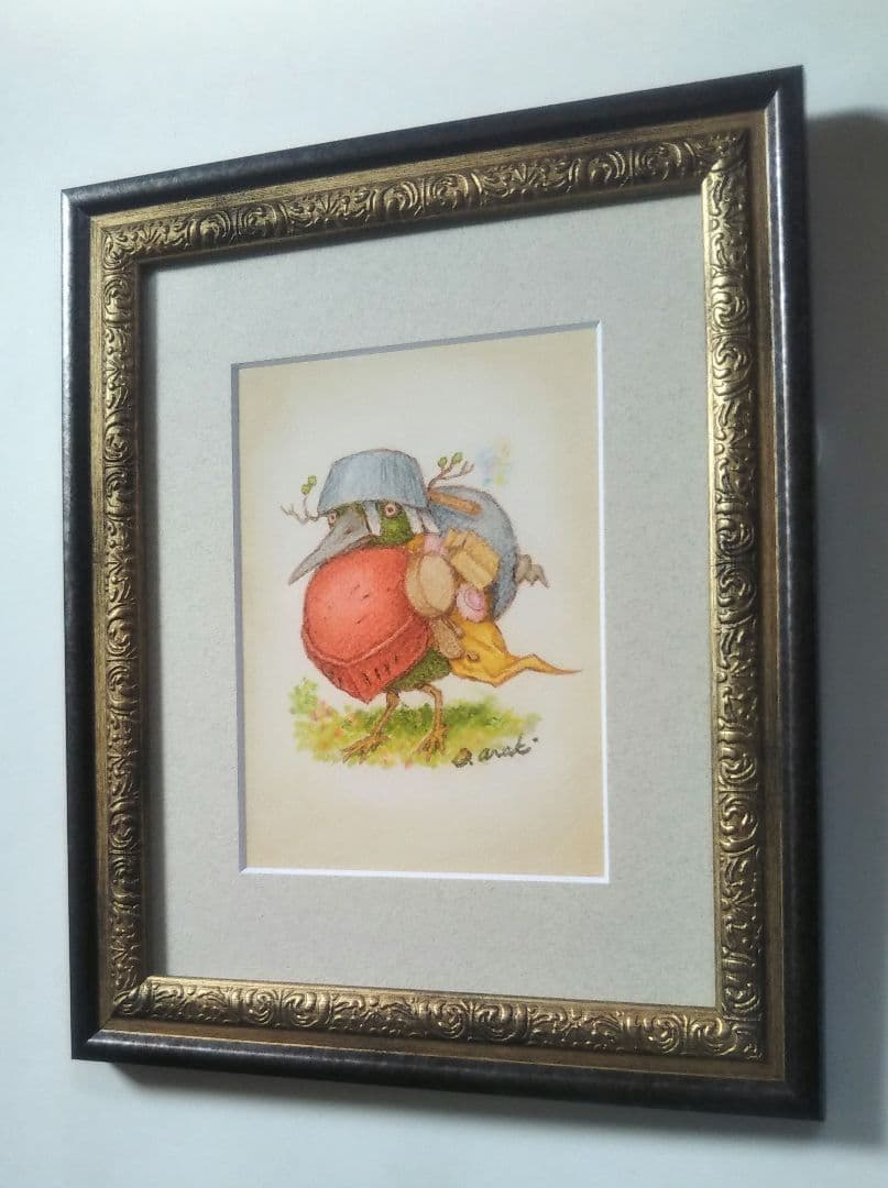 原画】『冒険の旅へ』（鳥の絵 ガラクタ アンティーク 森林 パステル画）