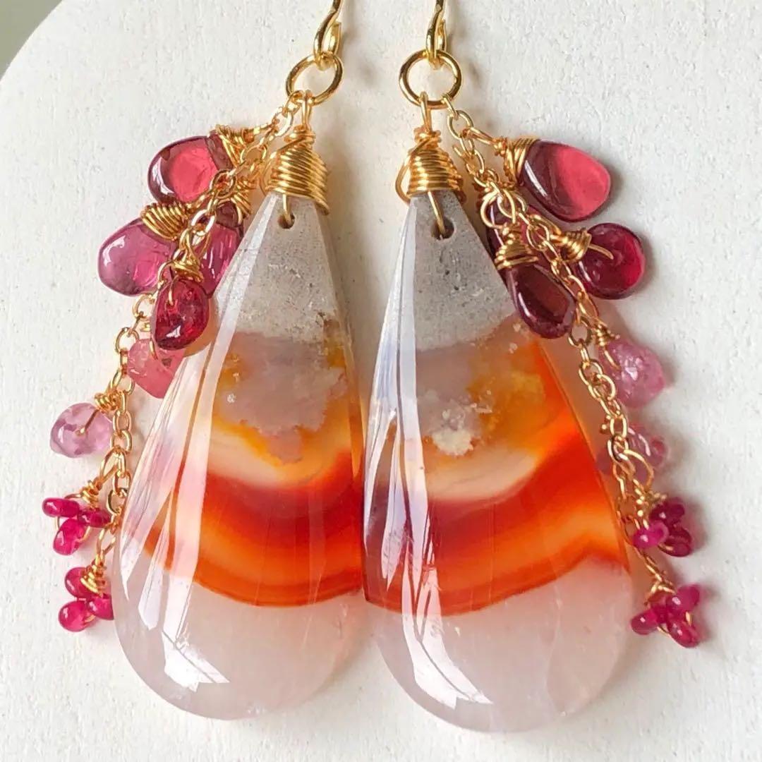 天然石ロンギド産ルビー×カーネリアンアゲートの真っ赤な秋のピアス