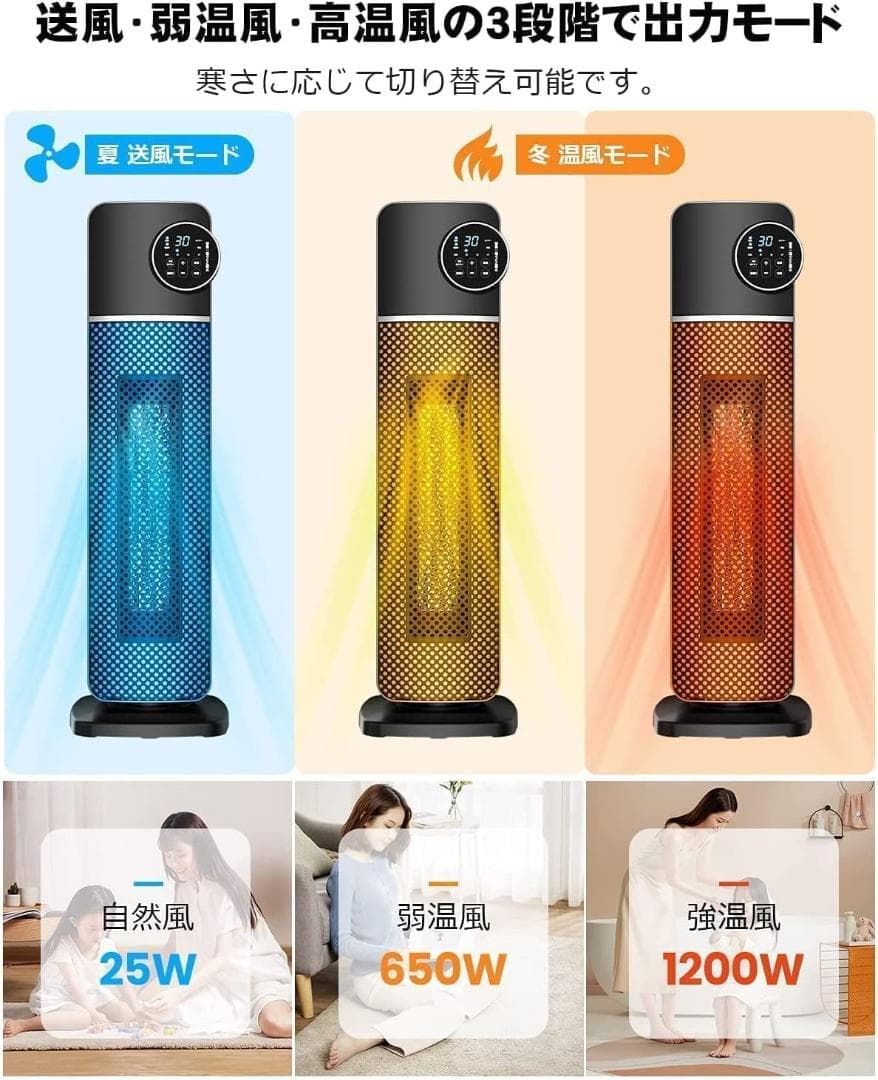 セラミックヒーター 1200W 温風＆送風 3段階切替 電気 ファンヒーター