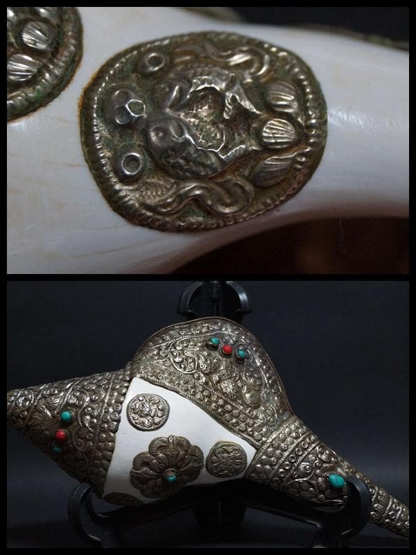 オールドチベット法具大型左巻法螺貝純銀巻きターコイズコーラル象嵌