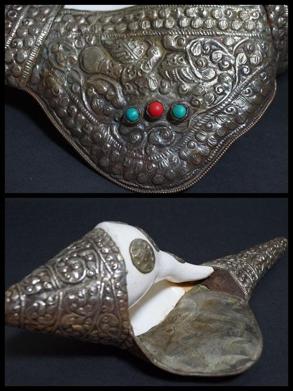 オールドチベット法具大型左巻法螺貝純銀巻きターコイズコーラル象嵌