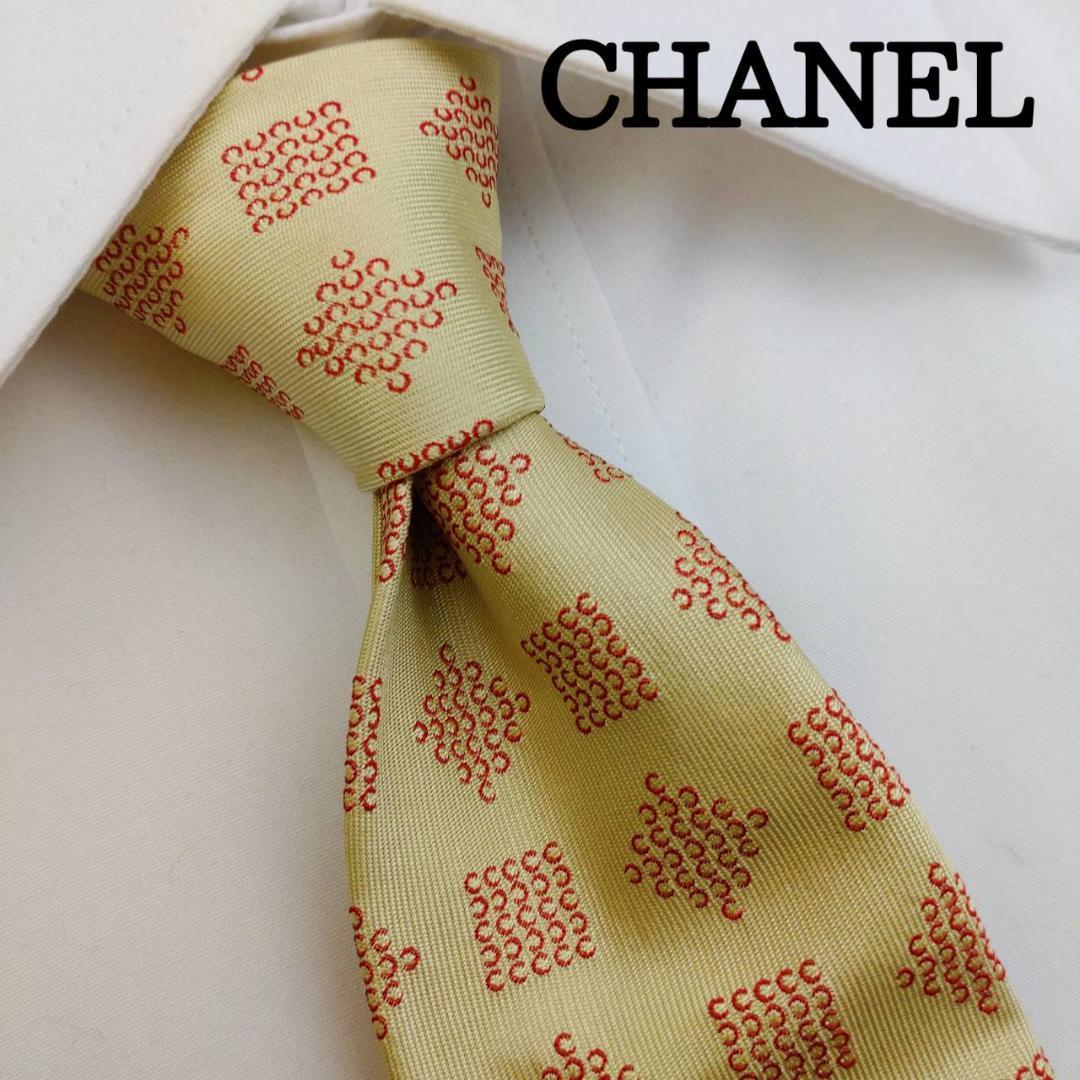 シャネル 高級シルクネクタイ ココマーク 総柄 ゴールドベージュ