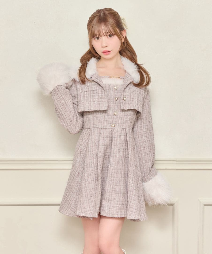 セット着用可能】ファー付きツイードミニキャミワンピース ショート
