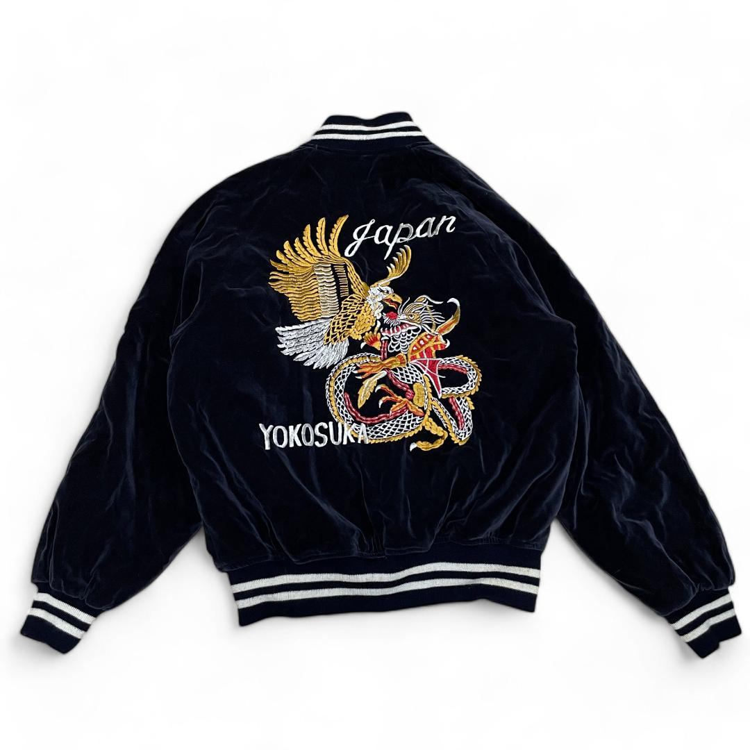 ベロアスカジャン紺ネイビー古着袖刺繍和柄鳥鷹鷲竜龍ドラゴン別珍