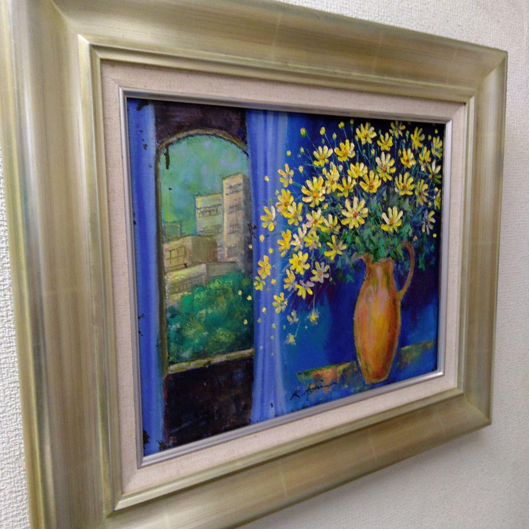 肉質油絵立てF6 花と花瓶青木今陽額装仕上げ品
