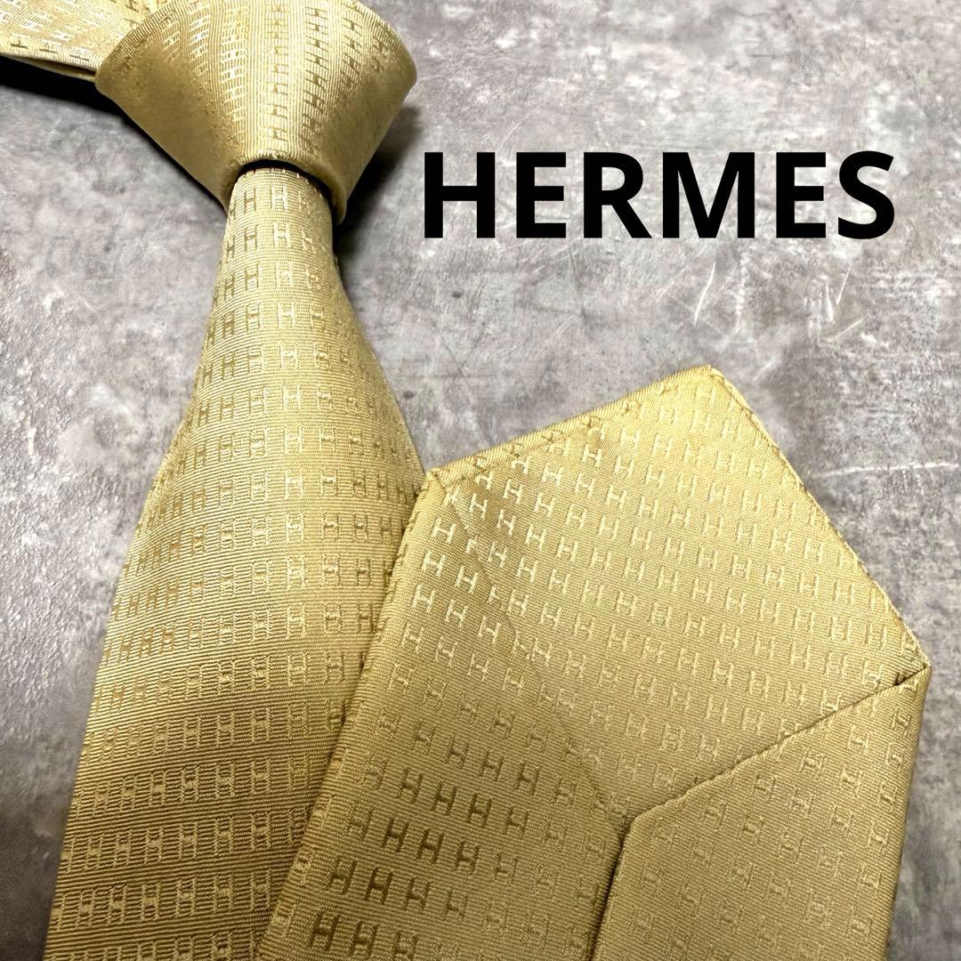 HERMES エルメス ネクタイ イエロー系 ファソネ H柄 定番 王道 希少