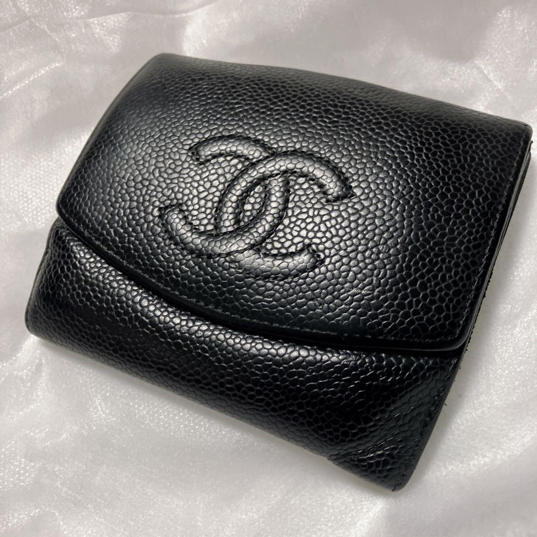 CHANEL シャネル 二つ折り財布 Wホック キャビアスキン ココマーク 黒