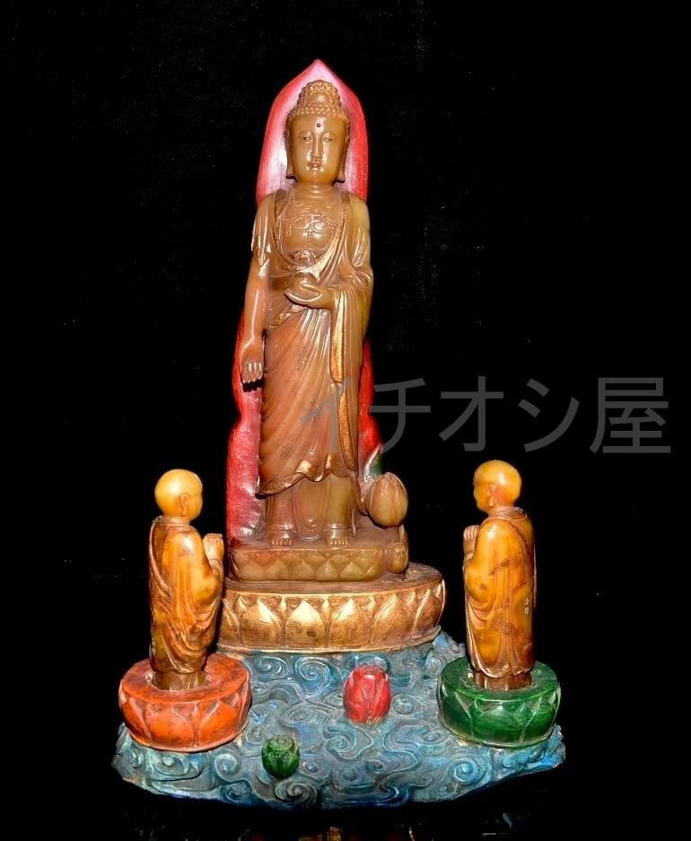 中国古美術 寿山田黄石彫 尚均銘《一佛兩弟子》印章 共箱 極細工 時代物 置物