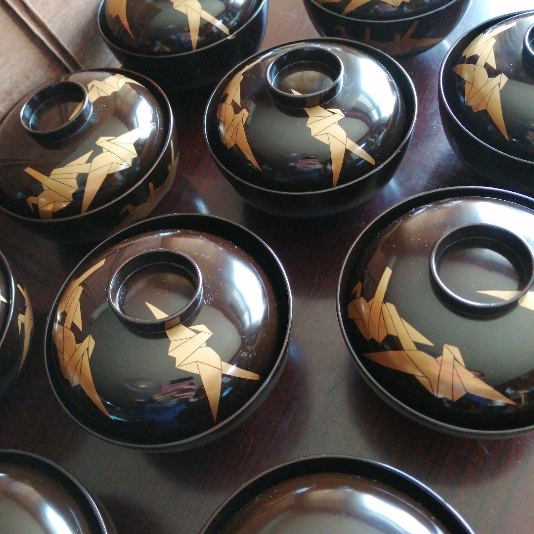木製漆器　金彩折鶴画蓋付椀　10客　12.2cm　大正期