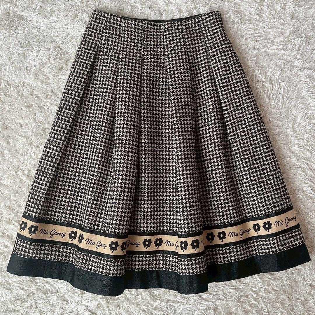美品】エムズグレイシー カメリア＆千鳥格子柄スカート ウールライク23