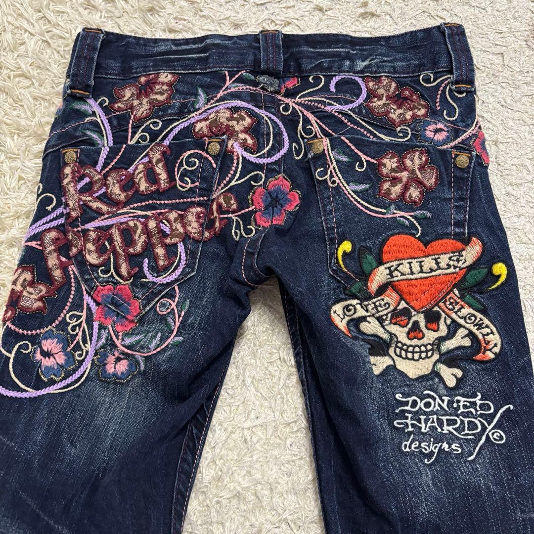 希少　レッドペッパー　エドハーディー　デニム　25 刺繍　Y2K スカル　ハート Ed Hardy×Red Pepper エドハーディー レッドペッパー 刺繍 デニム 羽