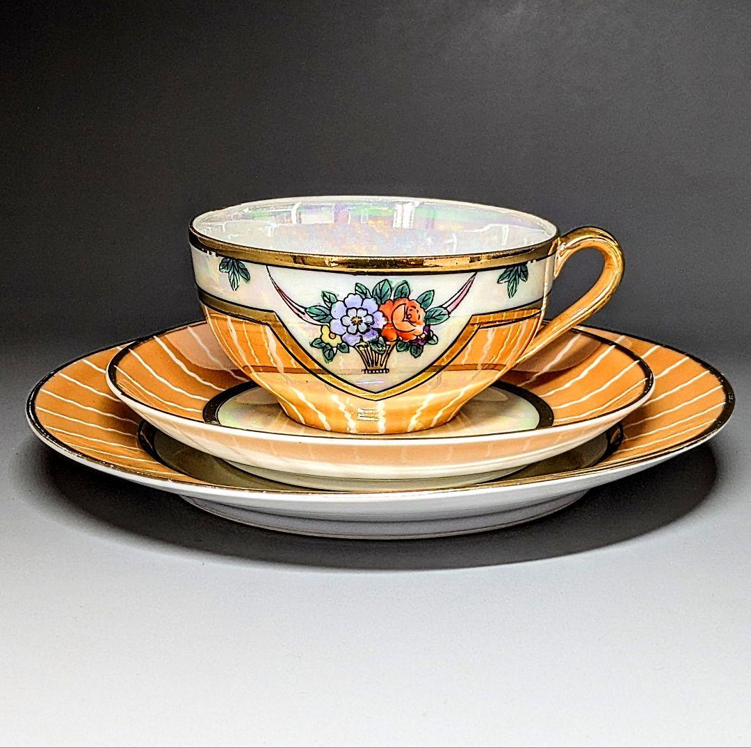 オールドノリタケ アールデコ期大銘品！金彩虹ラスター花籠絵図