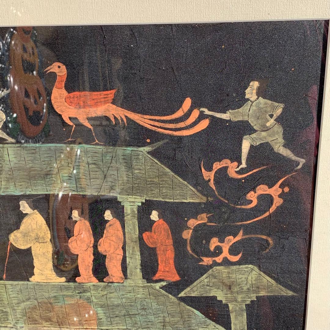 楚国 漢代 帛画 中国 シルク 絹 絵画 額縁 骨董品 馬 王 鳳凰 人