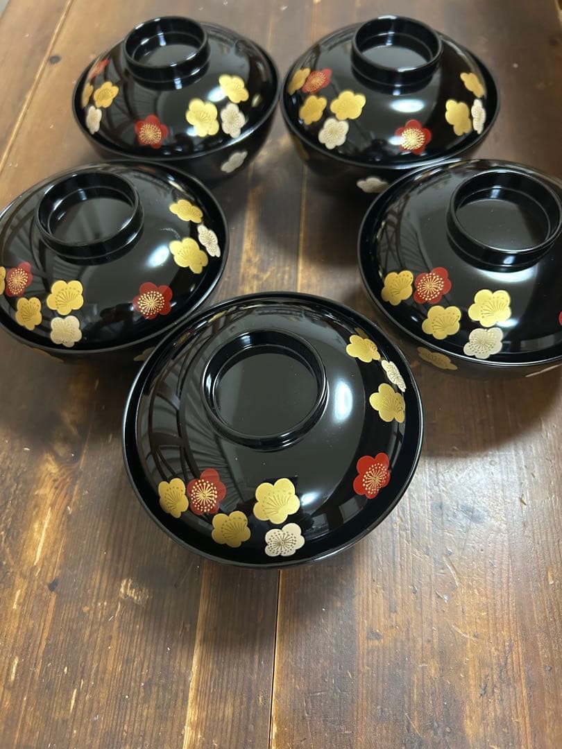 高級漆器 伝統工芸 漆塗 蓋付き お吸物椀 お正月 5客　梅 金蒔絵 会津塗 蓋付吸い物椀 会津塗 天元作 寿松 御椀揃 漆塗り 高級漆器 金彩 蒔絵 5