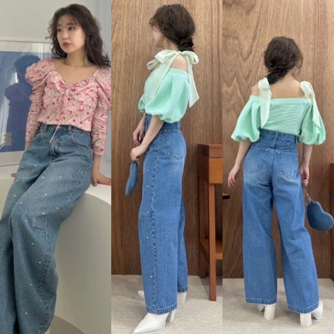 リリーブラウン ハートビジューワイドデニムパンツ - メルカリ