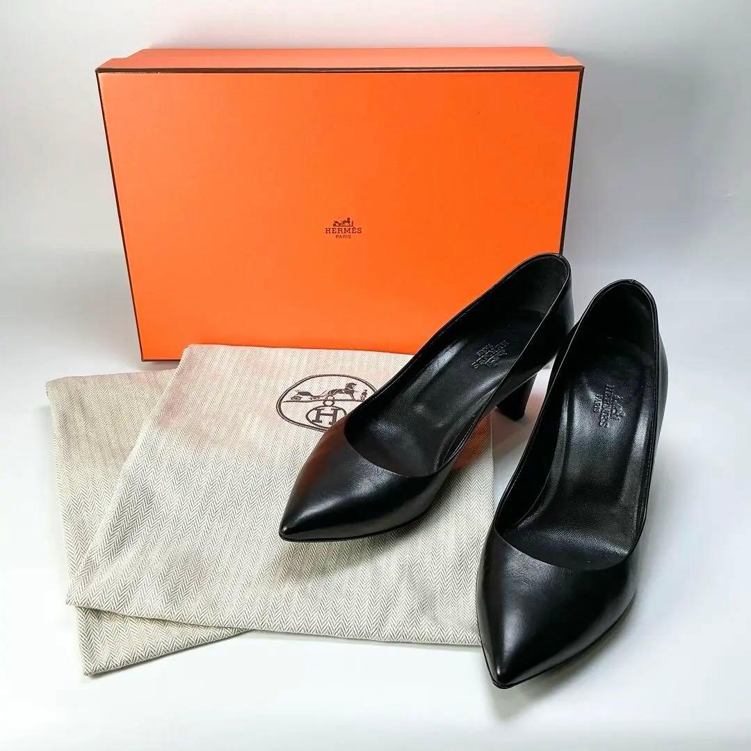 HERMES　パンプス　ブラック　レザー　ヒール　35 1/2 Hermes Jackie 50 Women's Black Leather Strap Pumps - E-SEVEN STORE