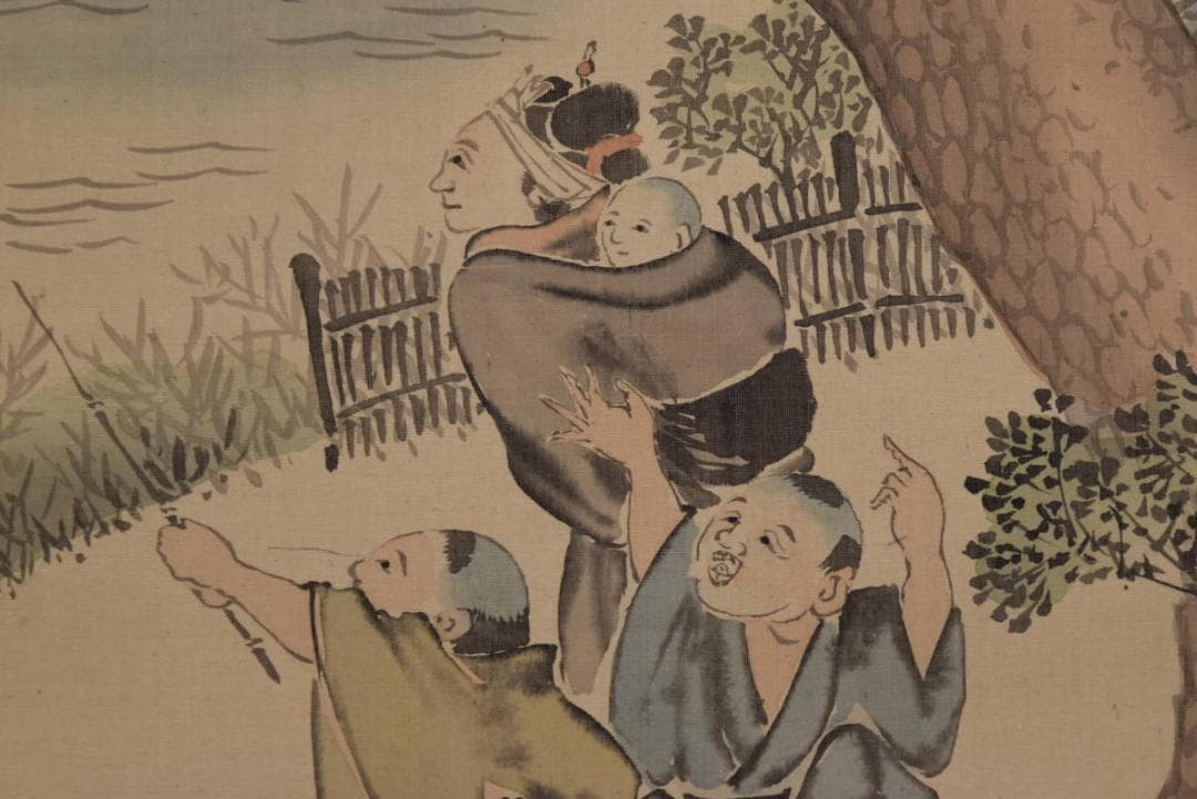 真作】矢野南景/宍道湖風景図/魚売の図/山水人物図/掛軸/名家伝来AA