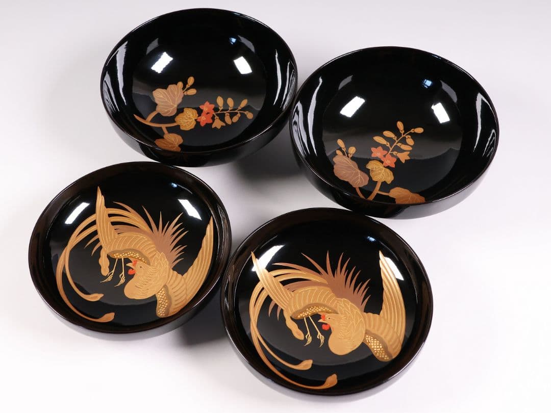 CM400】天然木漆塗 菊桐鳳凰金蒔絵 黒塗 吸物椀 二客