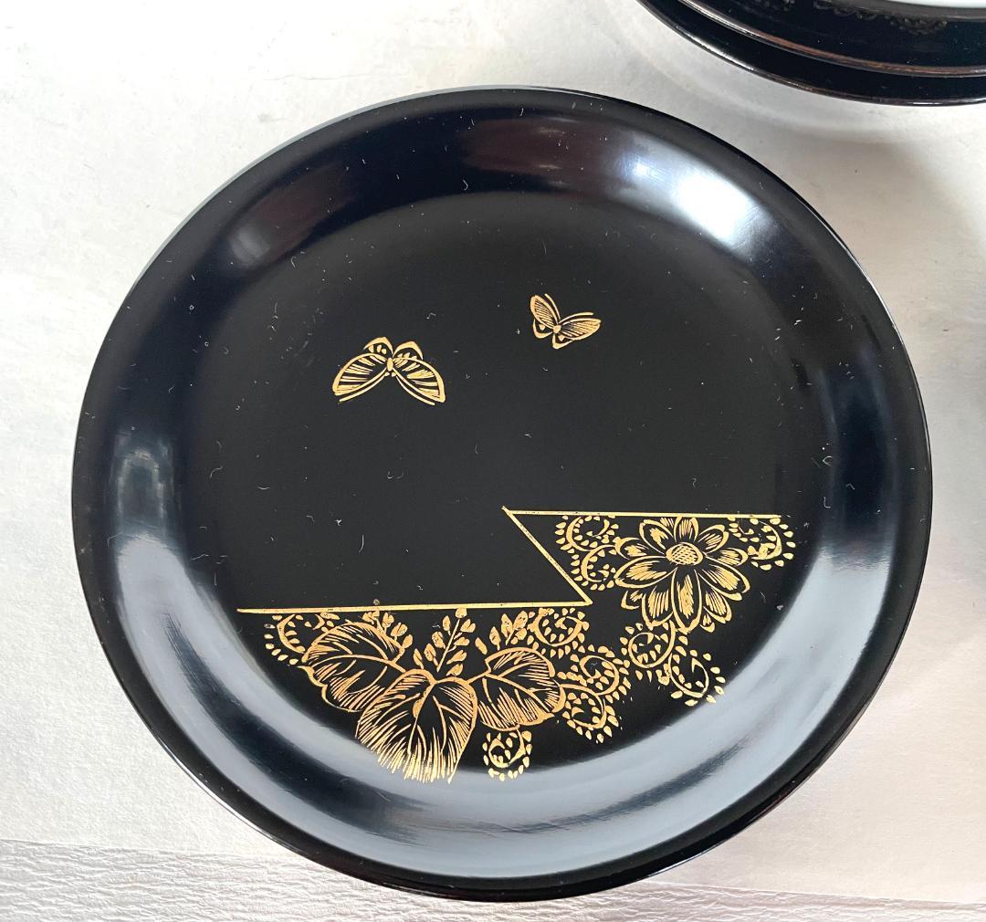 銘々皿 漆塗 菊唐草に蝶沈金木皿 5枚 取皿 5寸 14.5ｃｍ 木製