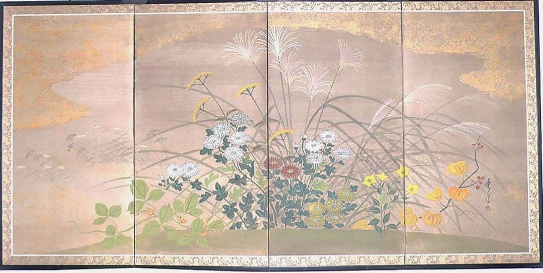 四つ折り屏風　日本画　和紙に金粉彩色　秋草(ハギ・ススキ) 秋草図屏風｜作品紹介｜キヤノン 綴プロジェクト｜キヤノングローバル