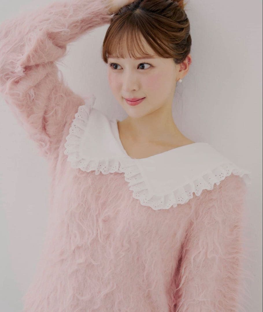 Chico namiコラボ企画 セーラー襟付きシャギールーズニット ピンク