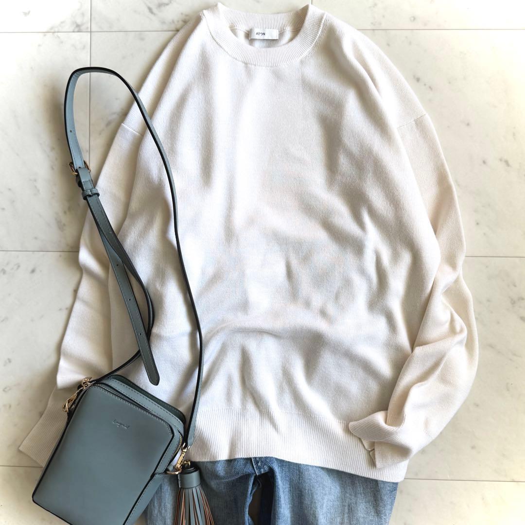 美品 エイトン ATON カシミヤシルク クルーネックセーター オフホワイト 2 ATON（エイトン） セーター ニット 「ATON/エイトン」HEMP KNIT