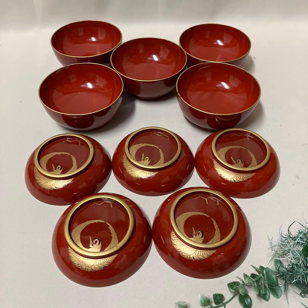 江戸時代 輪島塗 菓子椀 蓋付汁椀 5客 沈金蒔絵 木製漆器 漆 鶴 木箱付