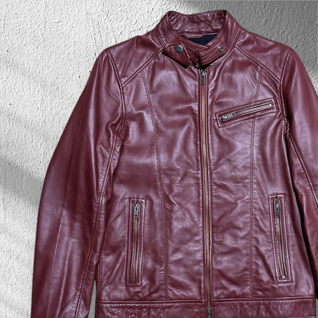 liugoo leathers バーガンディ シングルライダースジャケット　ラム Liugoo Leathers 本革 UK襟付きシングルライダースジャケット メンズ
