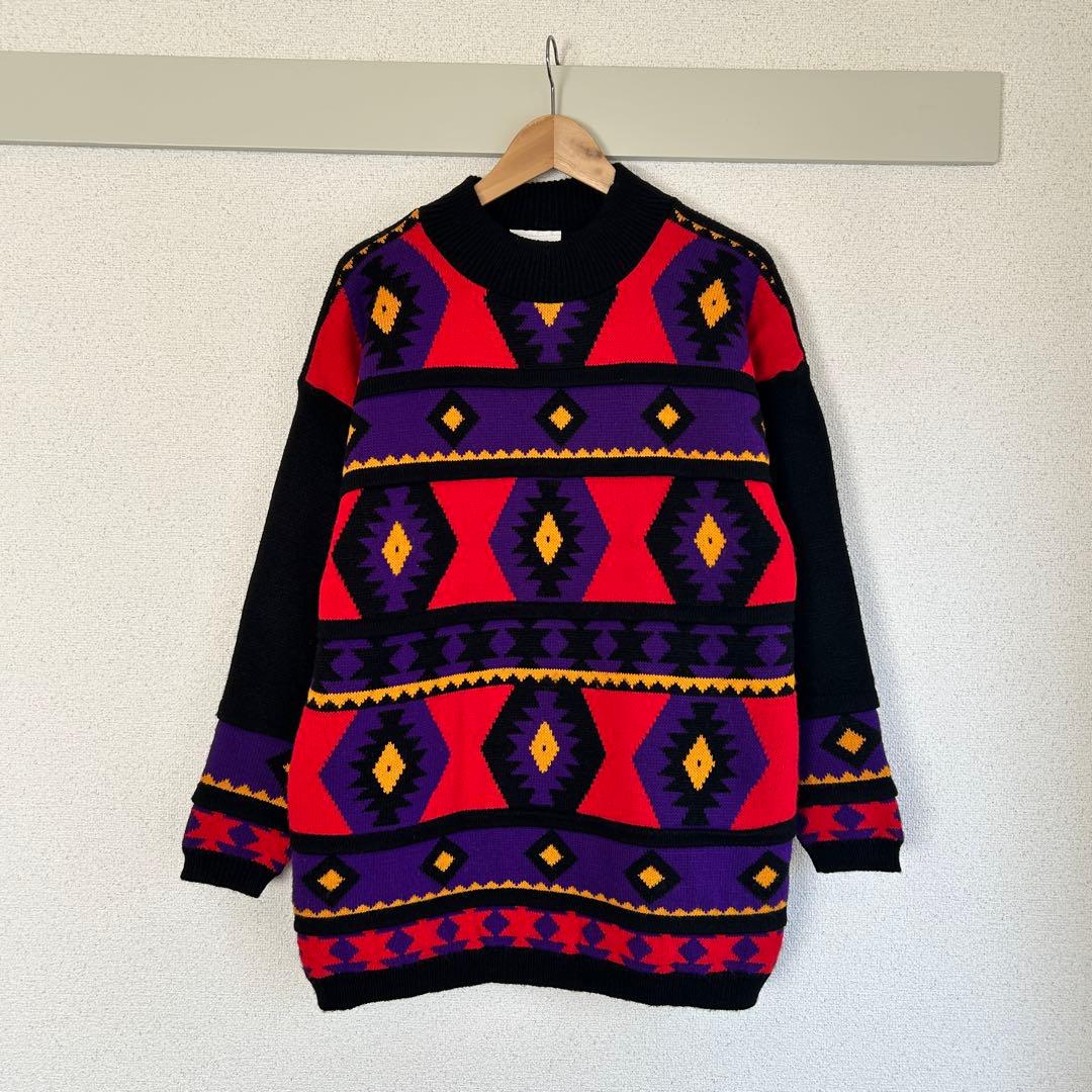 80年代 幾何学模様 長袖ニットセーター ユニセックス ヴィンテージ