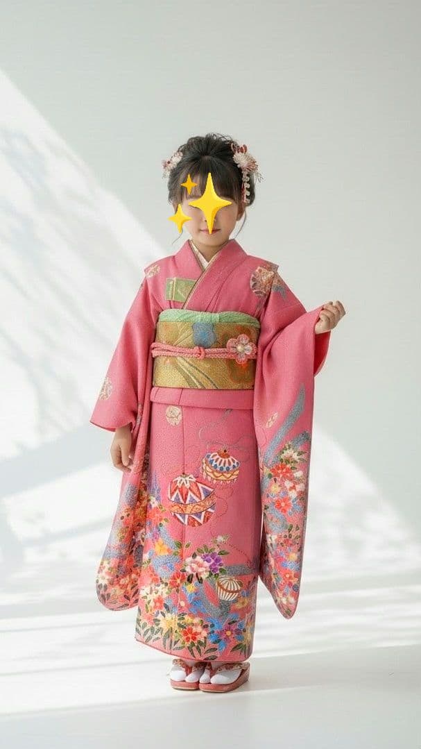 7歳　ピンク鈴　七五三　お着物・帯セット 七五三(7歳結び帯)Y437【正絹】サーモンピンク 鈴に桜梅橘 | 着物