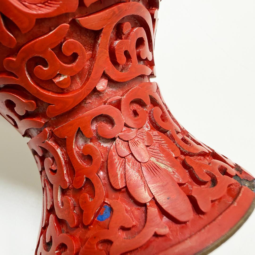 中国美術 堆朱 花瓶 紅雕漆花瓶花器 台座付 2個セット - 工芸品