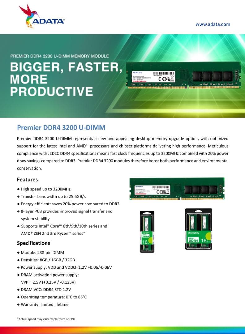 【動作保証付き】ADATA　DDR4-3200　32GB（16GB×2枚）