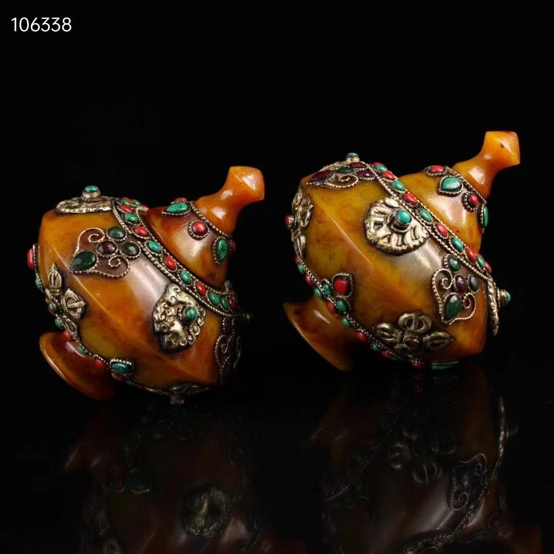 中国古美術・チベット収· 老蜜蝋純手作り・宝石掐糸多宝缶・舎利缶一対