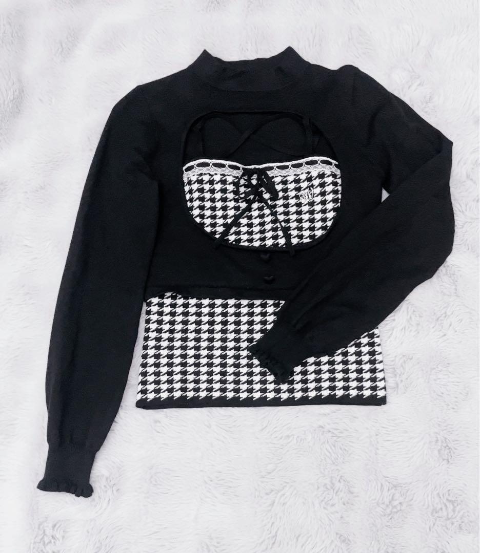 ハニーミュウ 千鳥柄ハイネックアンサンブルトップス 黒 千鳥柄ハイネックアンサンブルトップス ブラック | ファッション通販