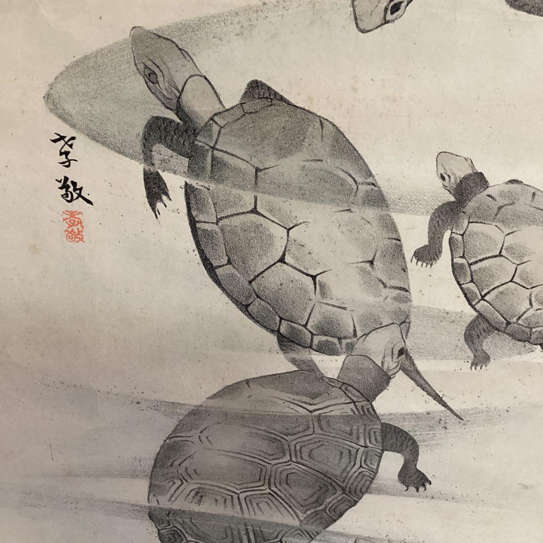 圓山派一門亀之図木版画落款印譜あり掛け軸仕立て直し必携落款字典