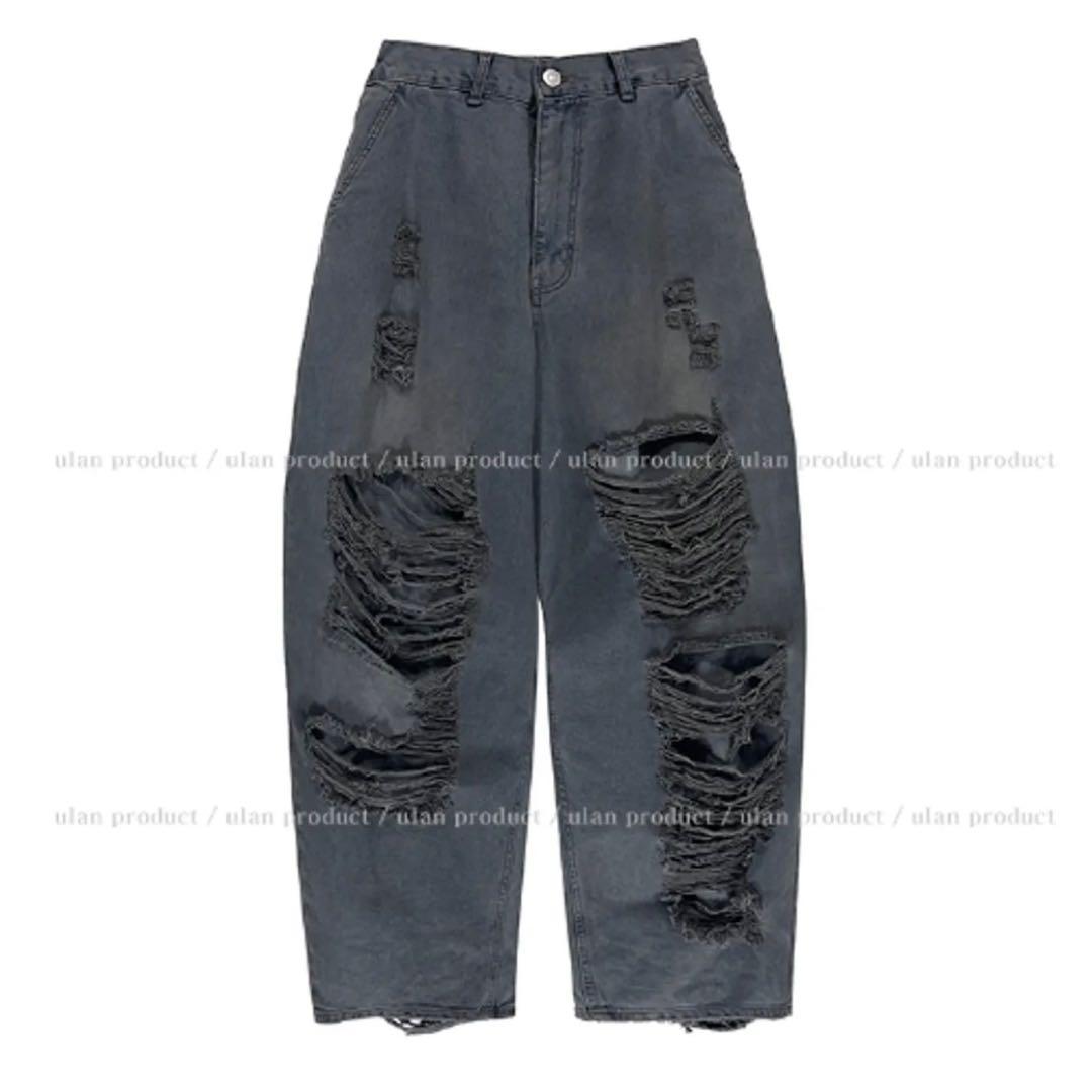 Bibiy デニム ビーズ装飾付きライトブルーデニムパンツ