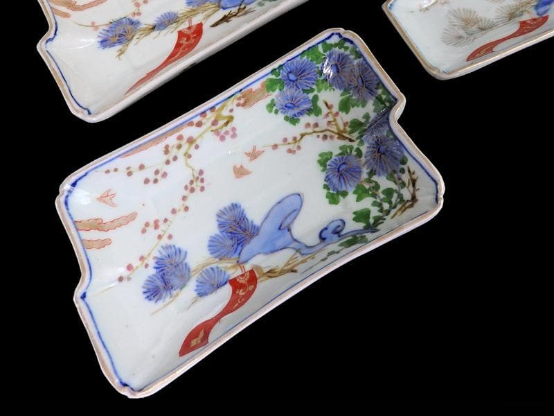 古伊万里 染錦 梅に菊 松に短冊の図 変形長皿 5客 B048AS-CWx 古