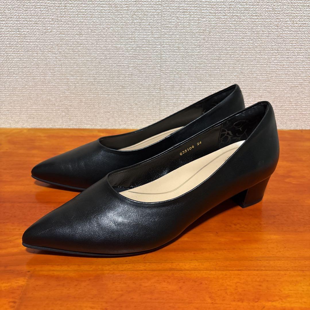 ❀美品 卑弥呼 撥水 レザー ポインテッドトゥパンプス 24cm 黒