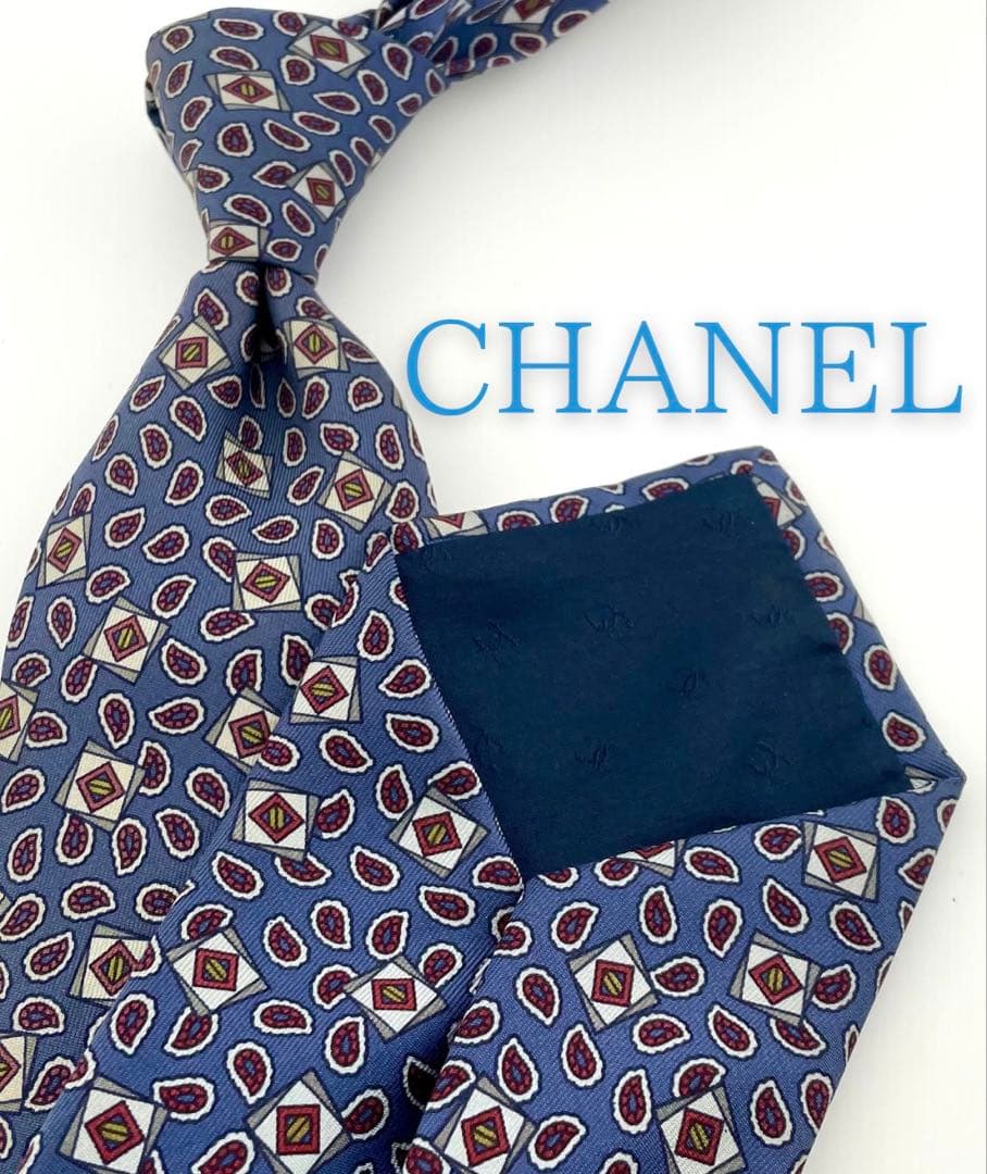 美品 シャネル ネクタイ ハイブランド 幾何学柄 ブルー ネイビー
